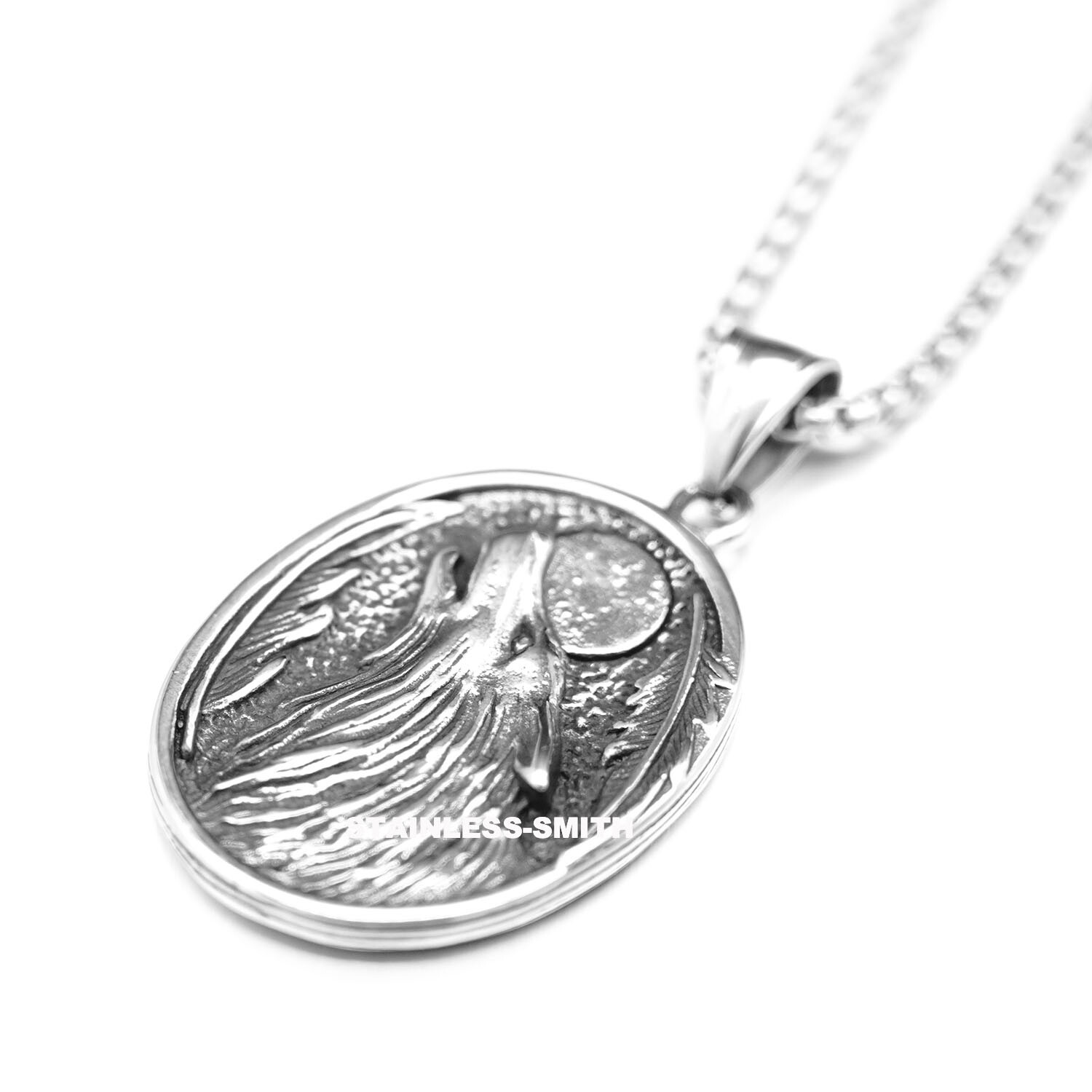 SMITH Stainless Steel Womens Viking Wolf Head Moon Pendant Necklace For Women