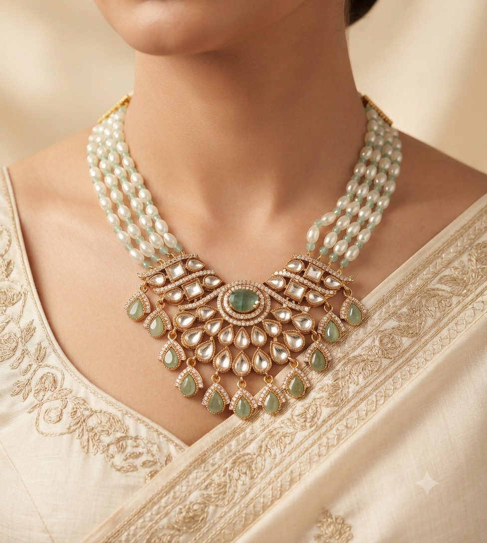 Ayat Mint Green Kundan Pearl Necklace Set with Earrings Roz Jewellers.