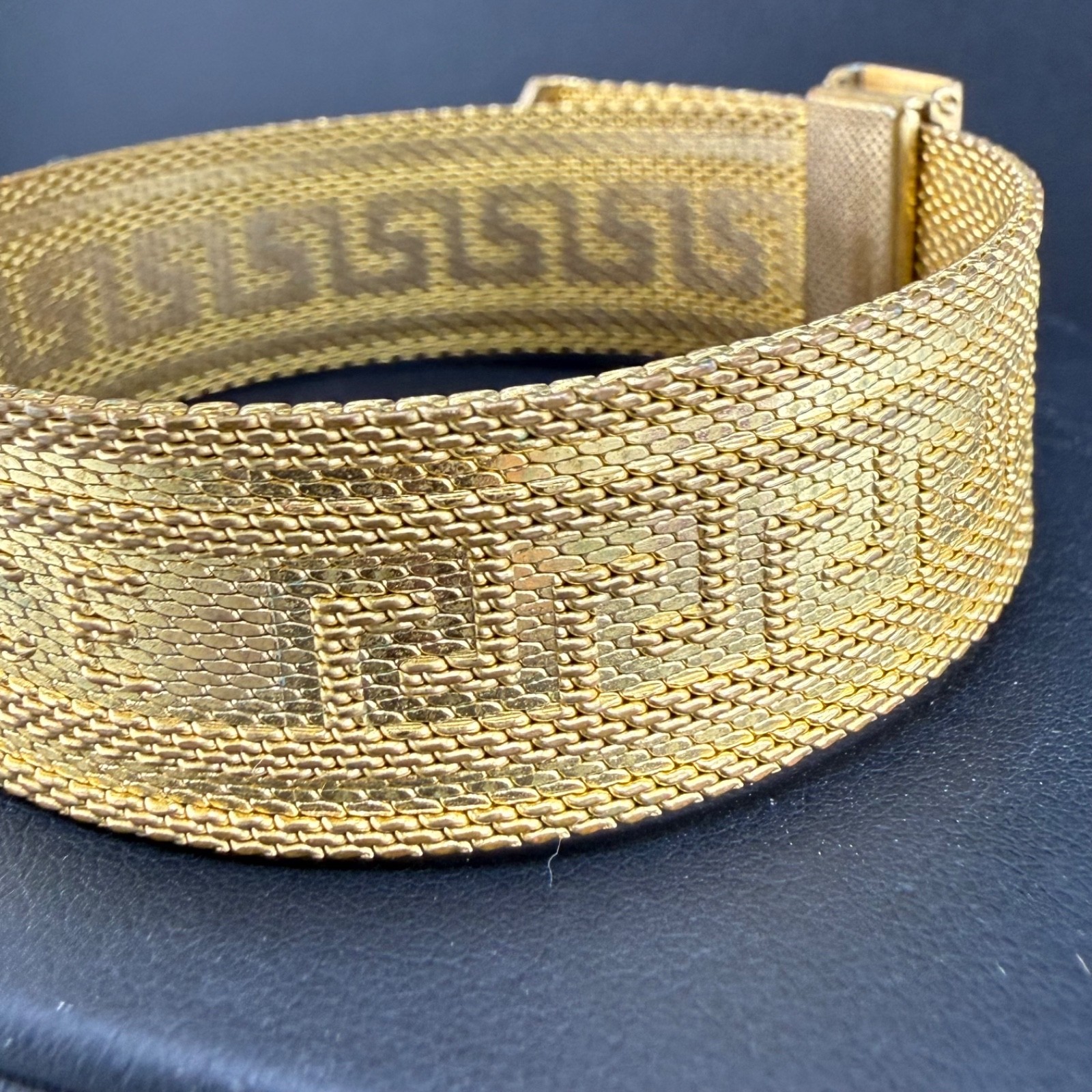 Vintage Greek Key Buckle Bracelet Wide Greece Gold Tone Adjustable 7.5”