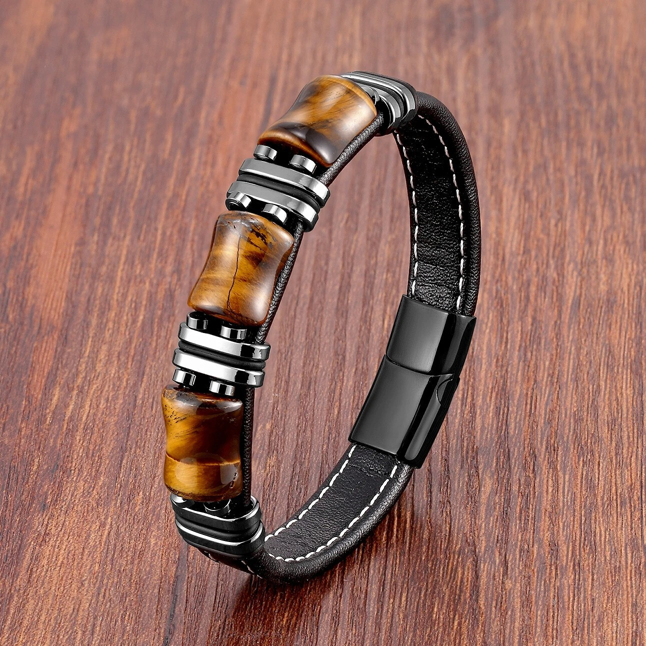 Pulsera De Acero Inoxidable Con Piedra Ojo De Tigre Para Hombre Cadena De Cuero