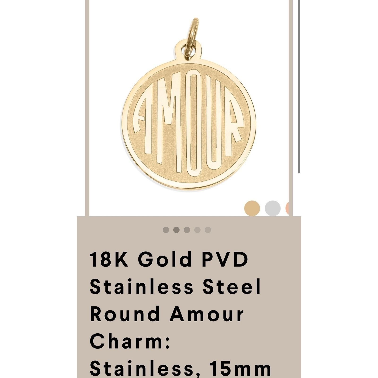 18K Gold PVD Stainless Steel Round Amour Charm Pendant 15mm Gold New