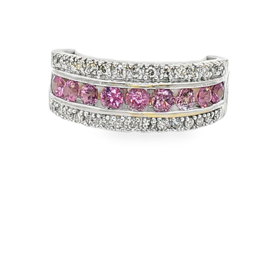 Vintage 14K White Gold Pink Sapphire & Single Cut Diamond Band Sz 6