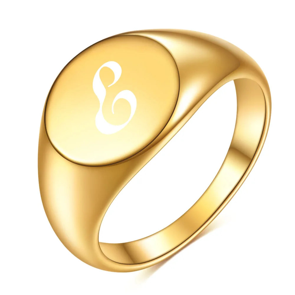 Initial Ring Gold Plated Stainless Steel Round Alphabet Signet Band Unisex