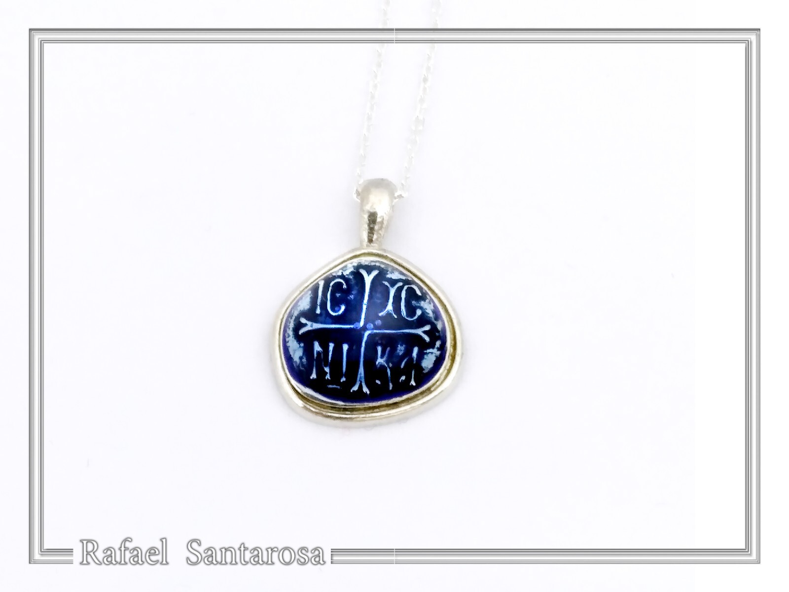Protection cross coinshape Jesus Christ Wins silver enamel talisman charm