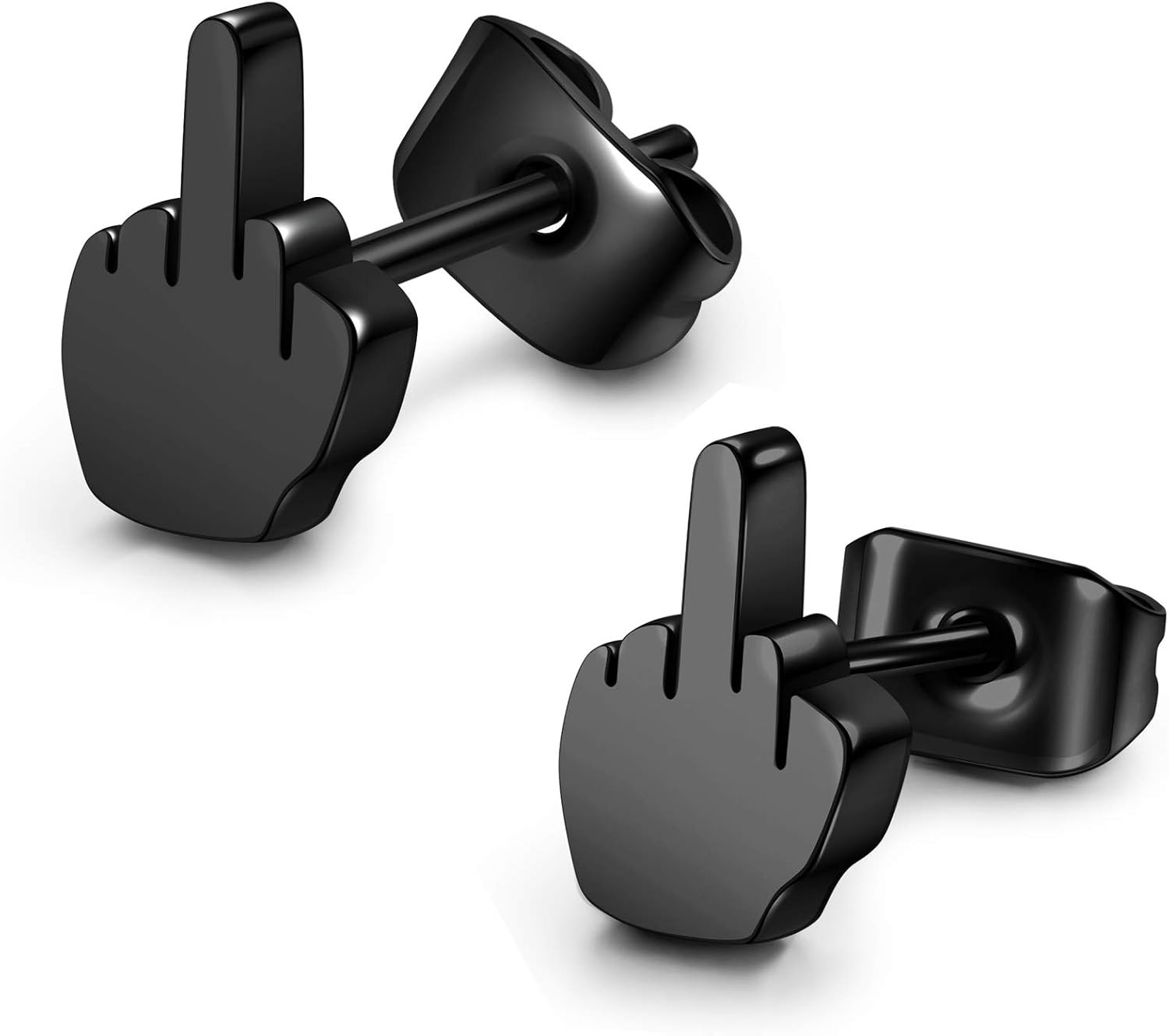 2Pairs Punk Stainless Steel 20G Silver Black Middle Finger Ear Studs Earrings Wo