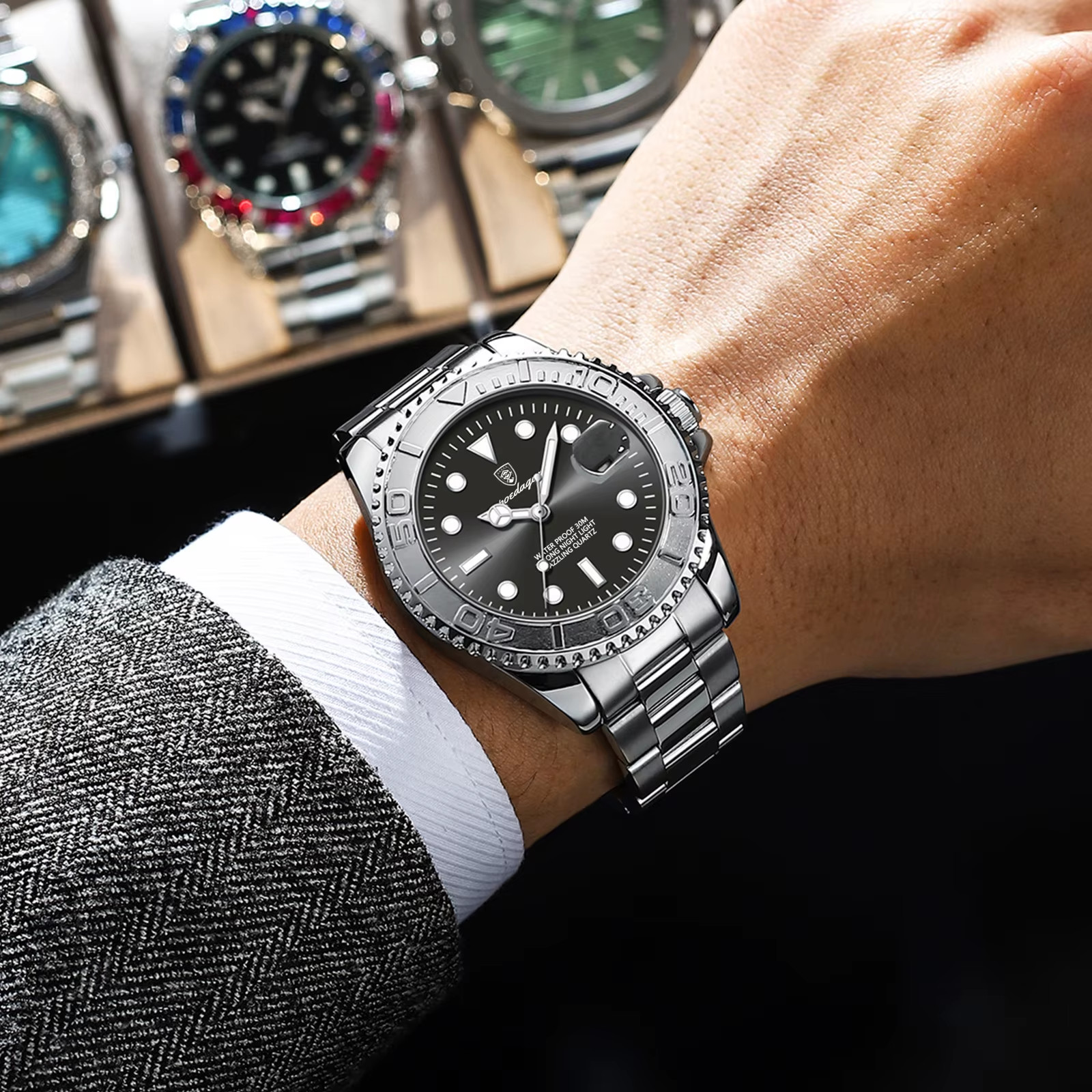 POEDAGAR Men’s Dive Style Quartz Watch Luminous Date Stainless Steel 43mm 3ATM
