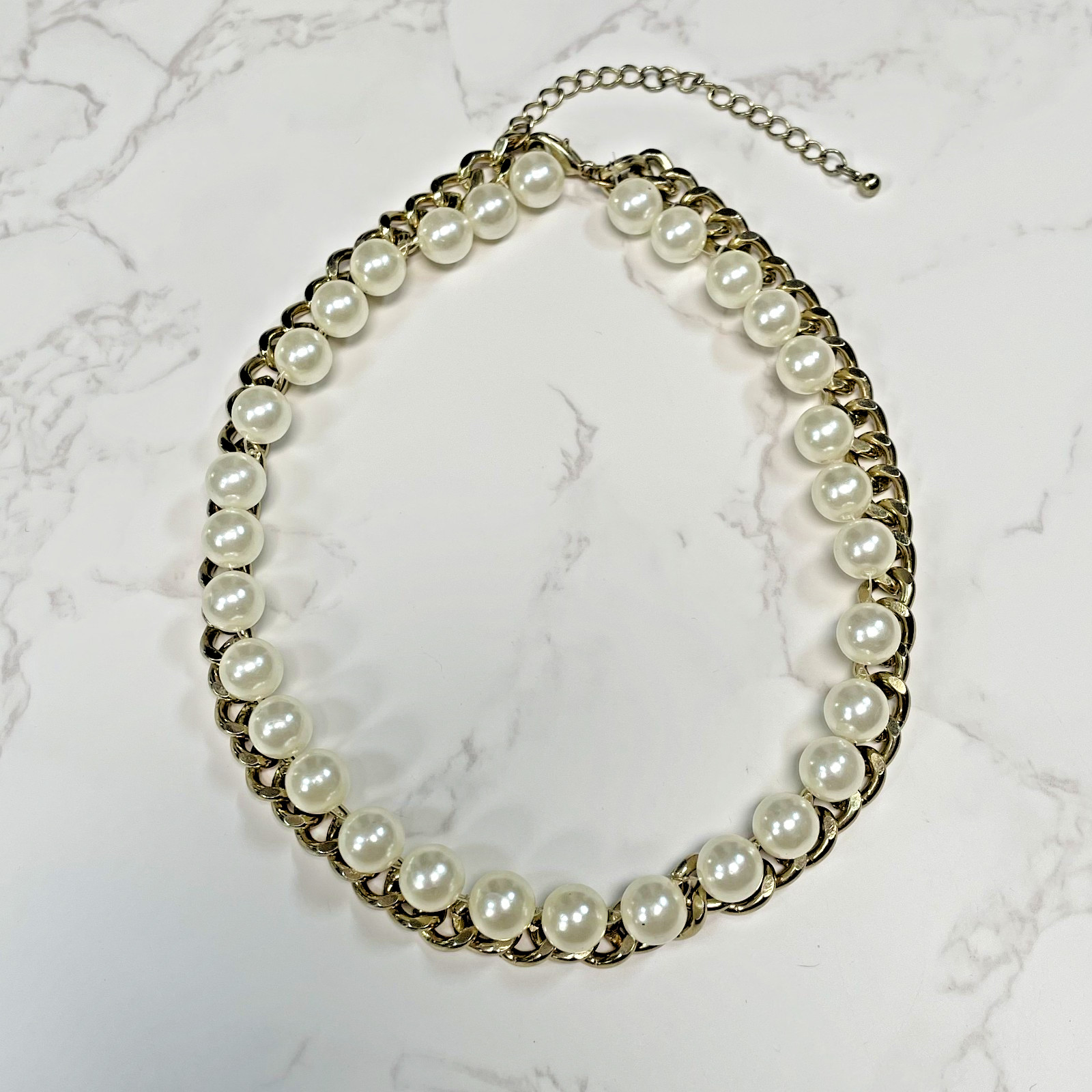 Gold Tone Faux Pearl Curb Chain Choker Necklace Chunky Statement Collar 14″