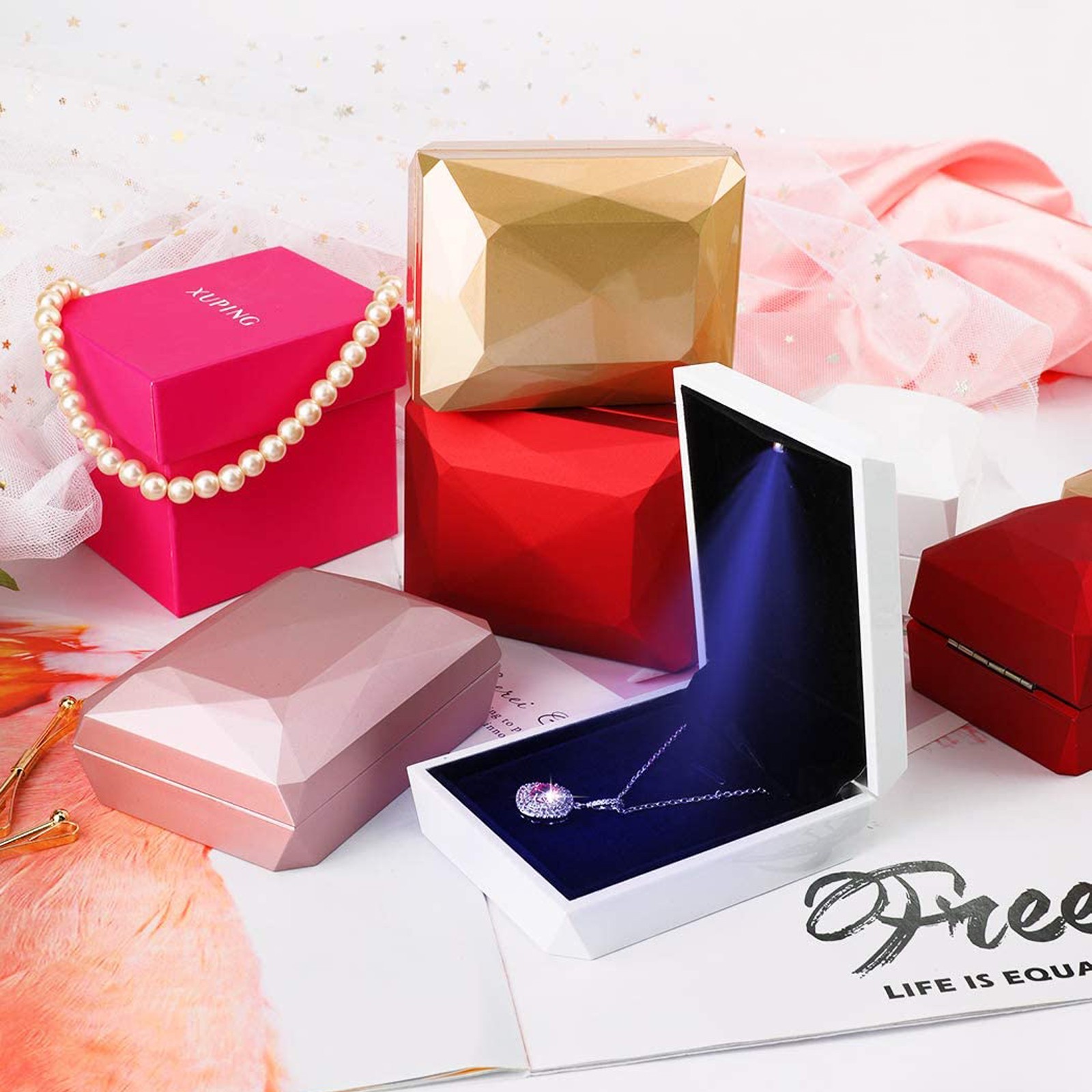 1/5/10x Necklace Pendant Box with LED Jewelry Storage Display Case for Wedding