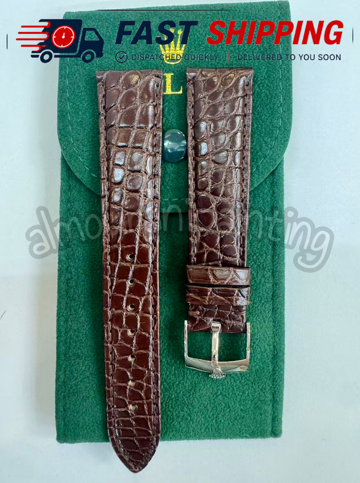 Rolex 19/16mm Brown Crocodile Leather Band + 𝐑𝐎𝐋𝐄𝐗 Silver Crown Buckle NOS