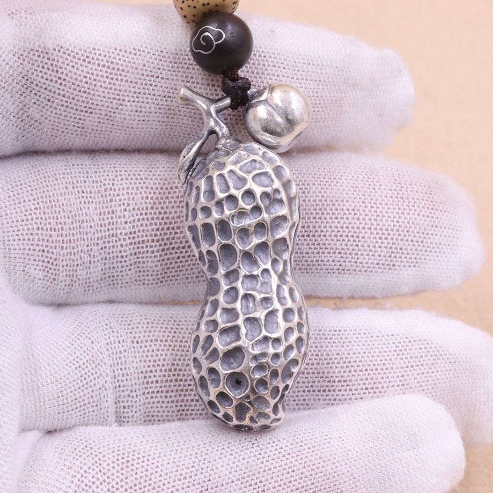 Solid S999 Fine Silver Carved Lucky Persimmon Peanut Pendant 26-27g 48*18mm
