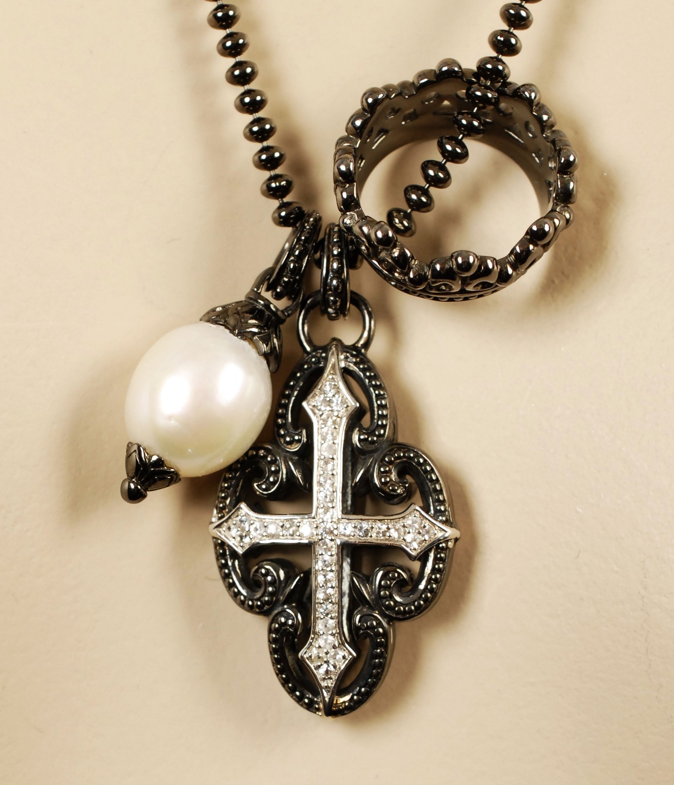 $750 Scott Kay Ruthenium Ball Chain Pearl Cross Charm Necklace Women Lady Gift