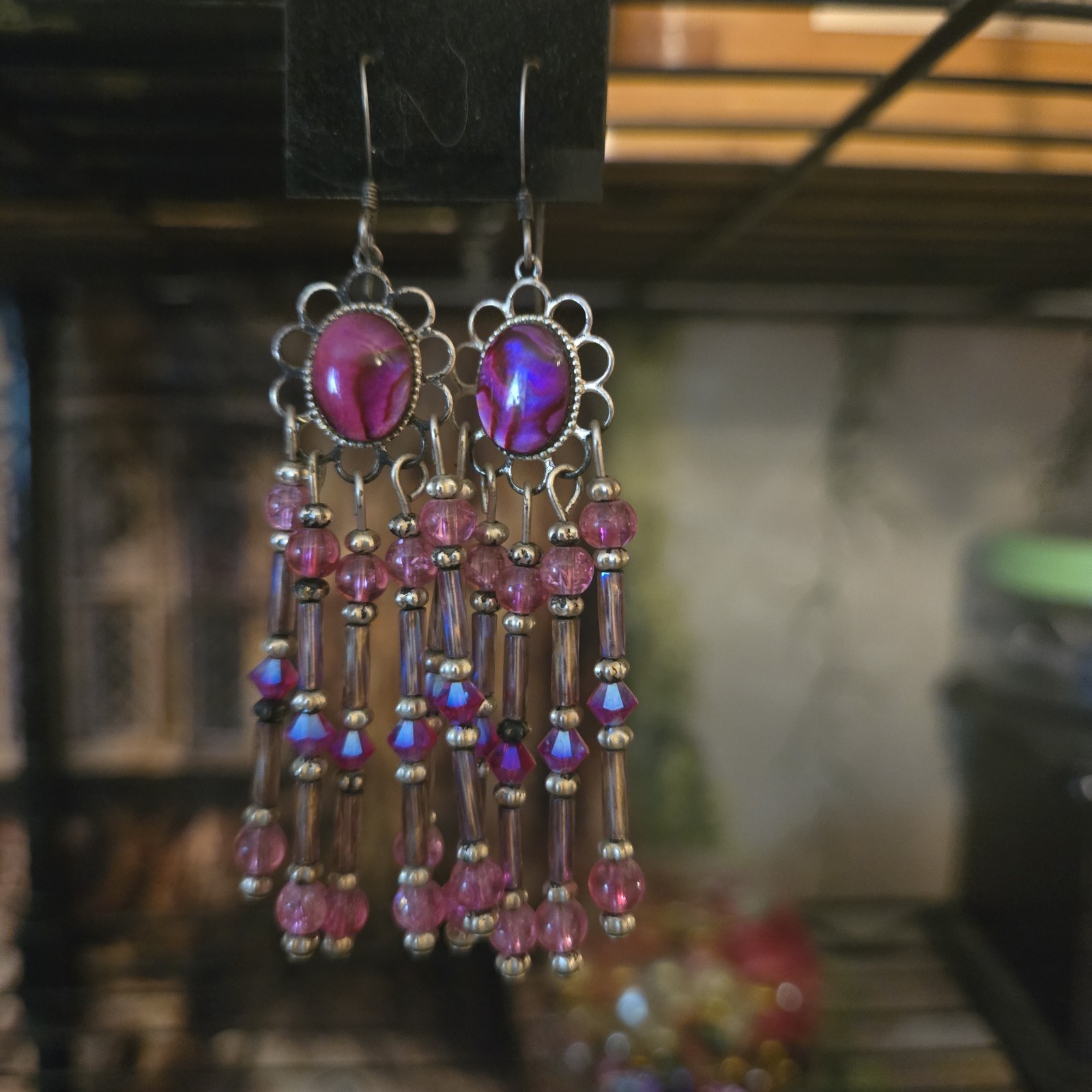 Pair Of Pink Earrings, Paua Shell And Beaded Sterling Silver Wires Made In Idaho