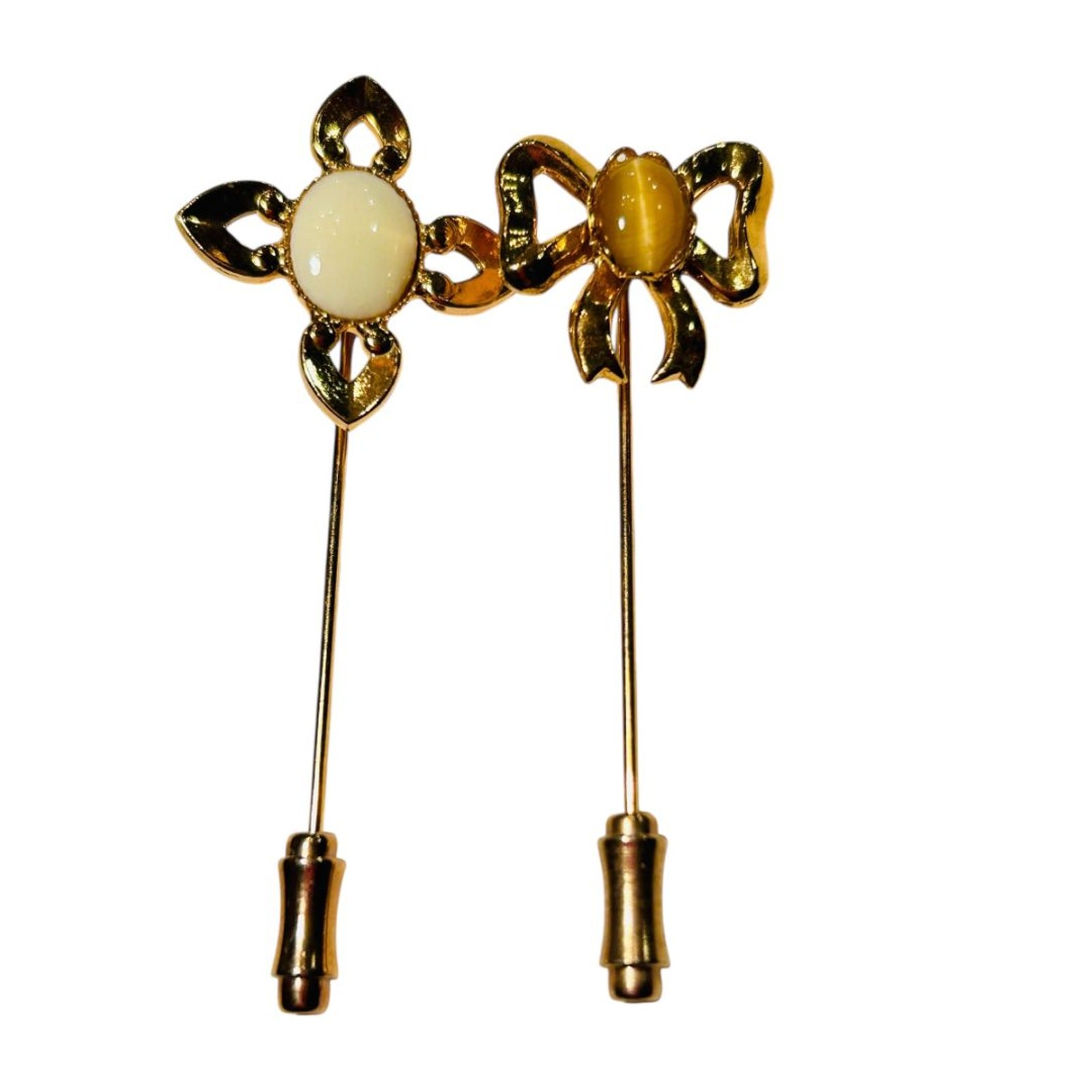 Set of 2 Stick Pins Goldtone Flower Bow Pink Cream Color 2.25″