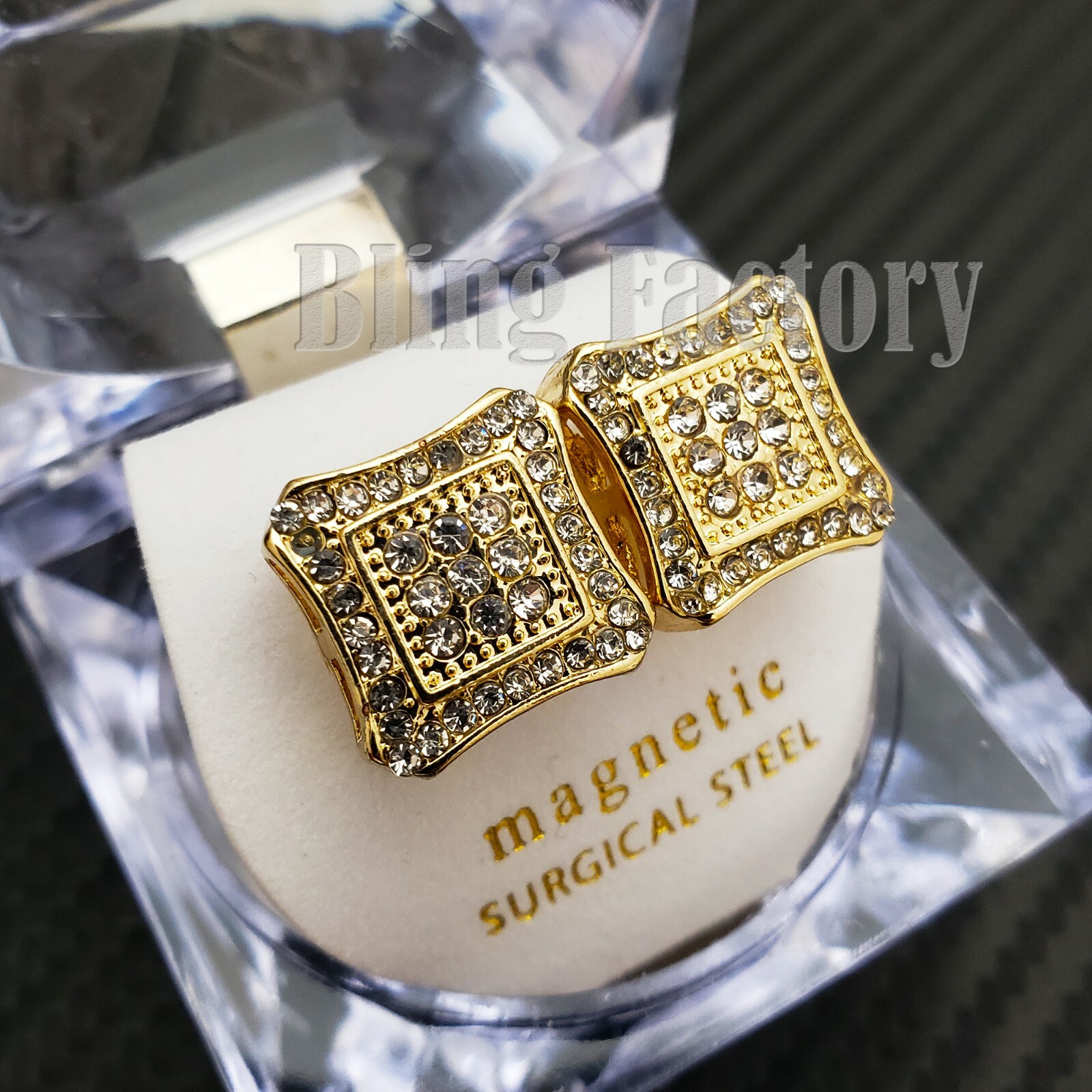ICED HIP HOP CUBIC ZIRCONIA GOLD PLATED BLING MAGNETIC SQUARE EARRING EARRINGS