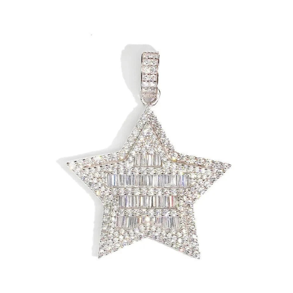 925 Sterling Silver Baguette Cut Moissanite Star Pendant 14k White Gold Plated