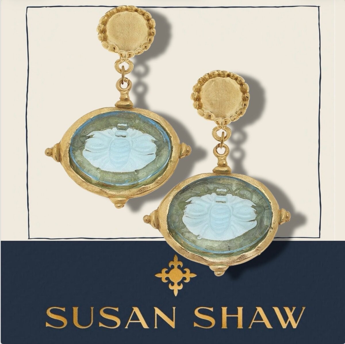 Susan Shaw Earrings Venetian Glass Intaglio Bee Cab 24K TPG Jewelry Gift