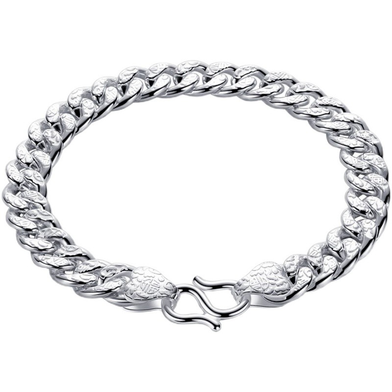 Real 999 Fine Silver 9mm Wider Fu Pattern Curb Link Bracelet 7.48inch