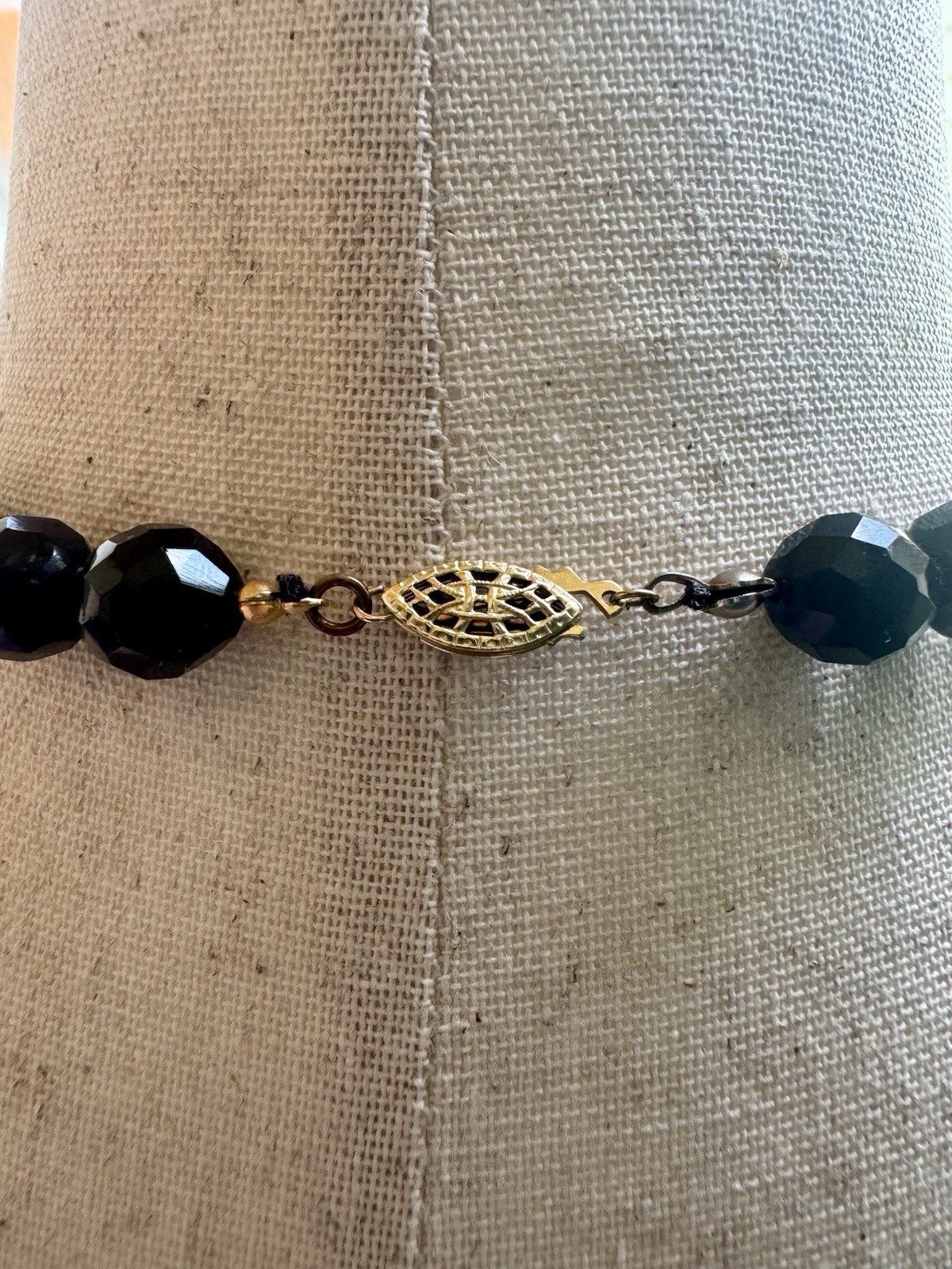 Vintage Hand-Knotted Faceted Black Glass Bead Necklace Fishhook Clasp 42.82g