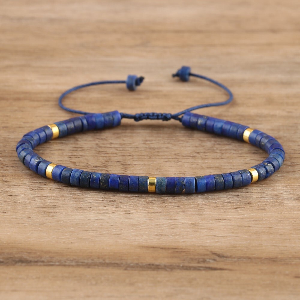 Hand Made Dainty Lapis Lazuli Bracelet With Heishi Beads &Adjustable Drawstring