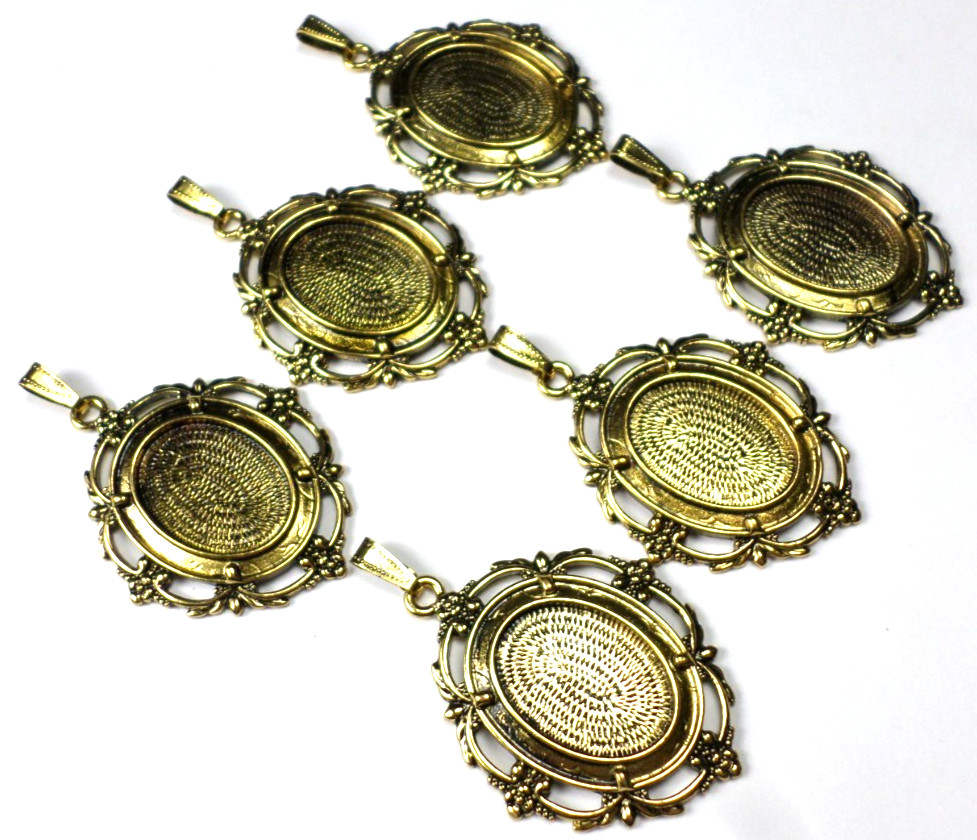 6 of 25x18mm Antique Gold Victorian Nouveau Cabochon Pendant Settings 54x40mm