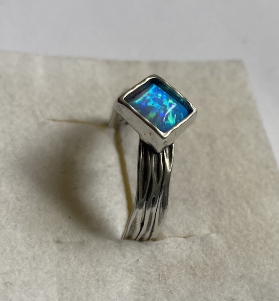 Sterling Silver, Square Bezel Set Lab Opal, Ring By PZ Creations