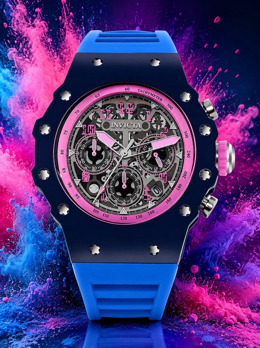 Invicta Racing Quartz Silver Dial, Quartz, Working Chronograph. Pink/Blue/Black!