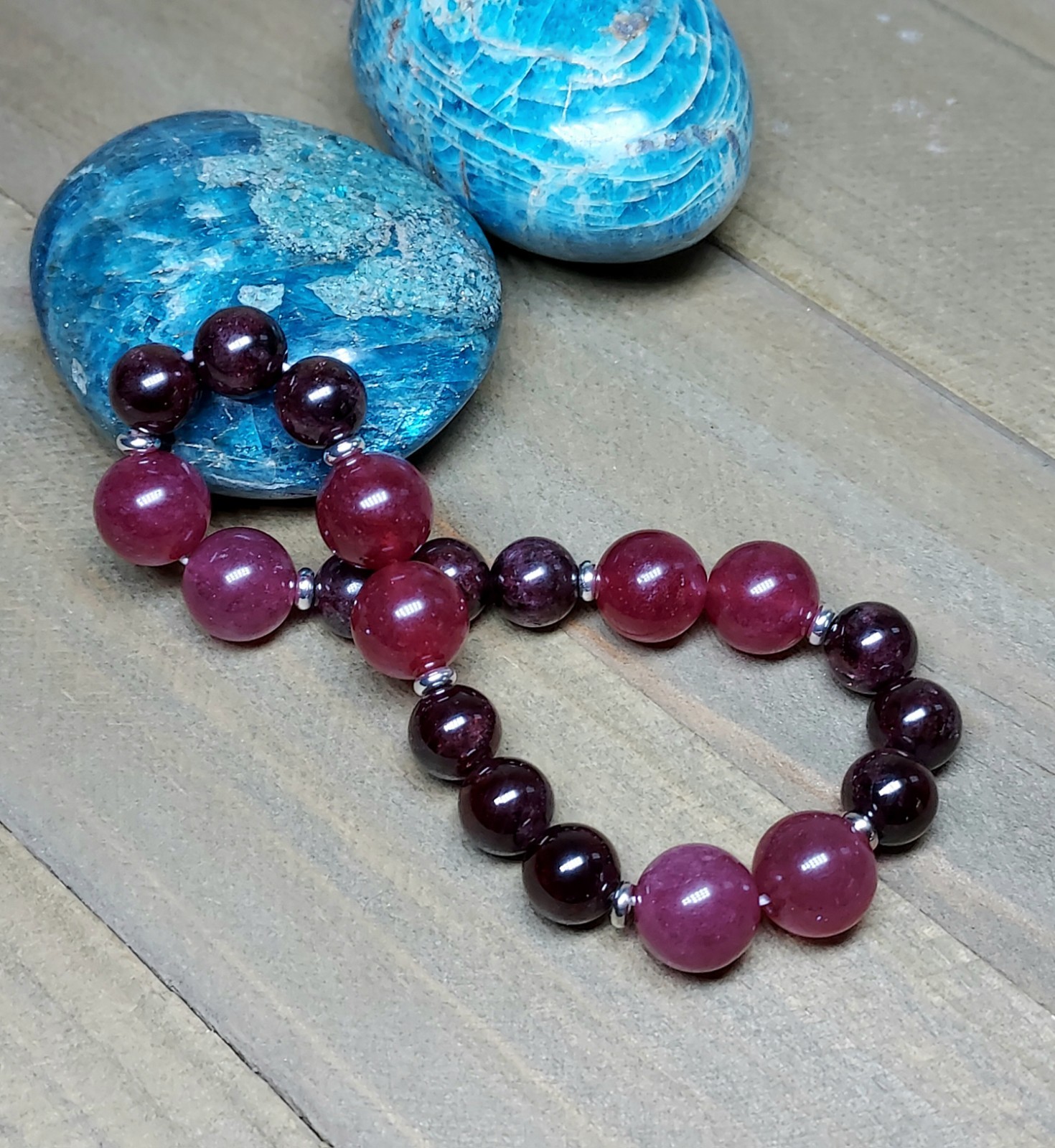 Red Garnet Gem Bead Bracelet With Dark Pink Strawberry Quartz Stretchy 6.75″