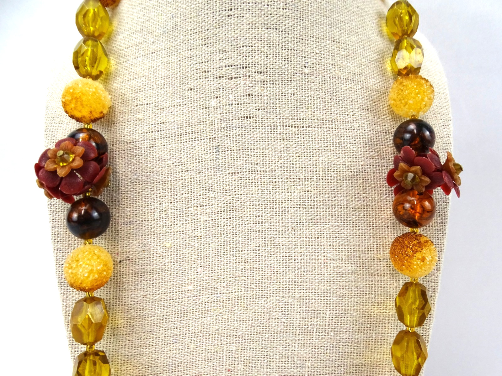 Vintage 34” Statement Necklace, Sugar-coated & Floral Beads, Brown, Honey +