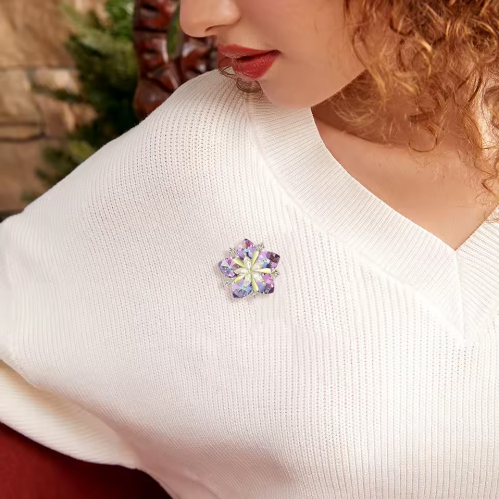 Purple Crystal Flower Brooch Gold Tone Pin Rhinestone Plant Summer Jewelry Gift