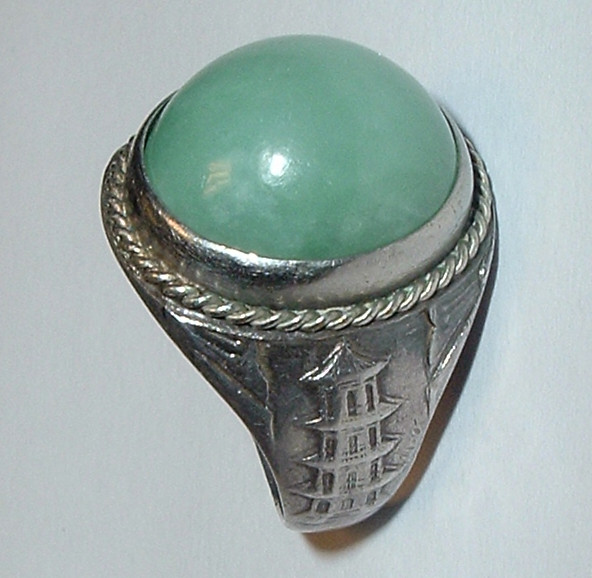 Antique Chinese EXPORT ‘SILVER’ JADE DOME RING *Phoenix Bird *Pagoda *Size; 9