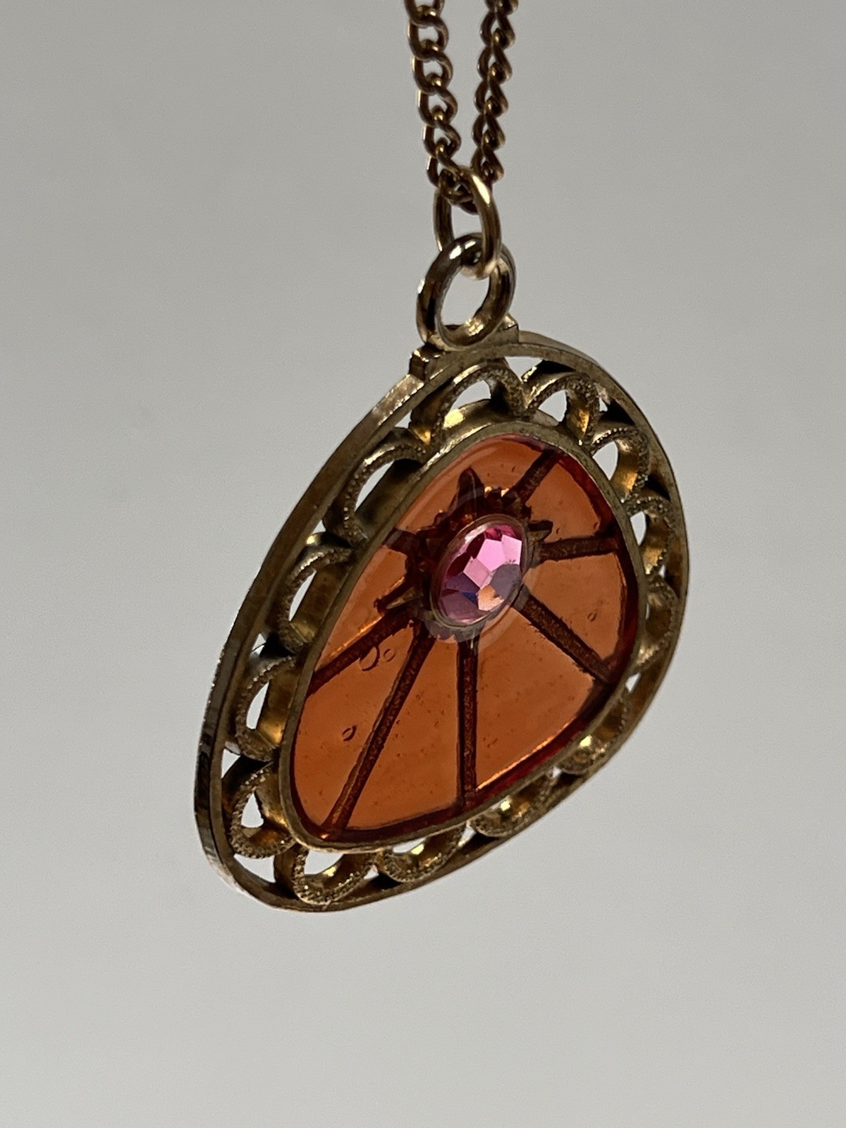Vintage Orange Translucent Resin Pink Rhinestone Pendant Necklace 23”