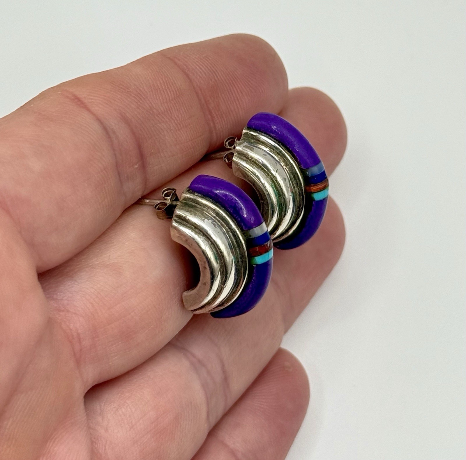 Vintage Sterling Silver Southwestern Sugilite Turquoise Curved Stud Earrings