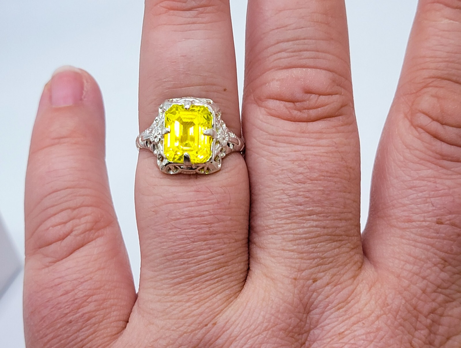 Sterling YAG Ring UV Yellow Yttrium Aluminum Garnet Emerald Cut Floral Filigree