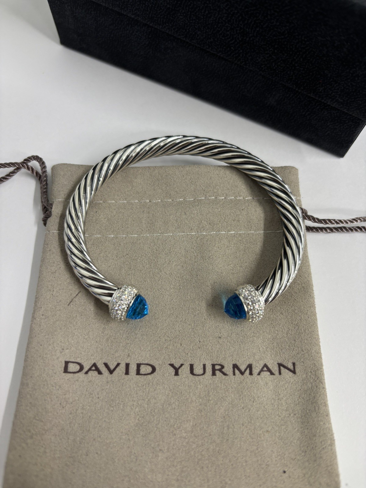 David 7mm Candy Cable Bracelet Silver & Diamonds Blue Topaz Size Medium