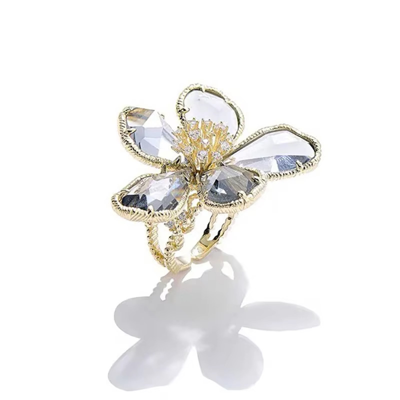 Luxury Crystal Flower Big Open Ring for Women Fashion Party Summer Holiday