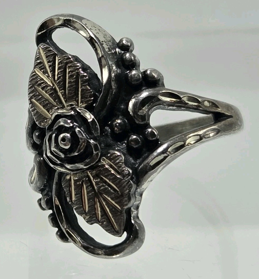 Wheeler Manufacturing Co. 925 Sterling Silver Ring Rose & Leaves Etched SZ 6.75