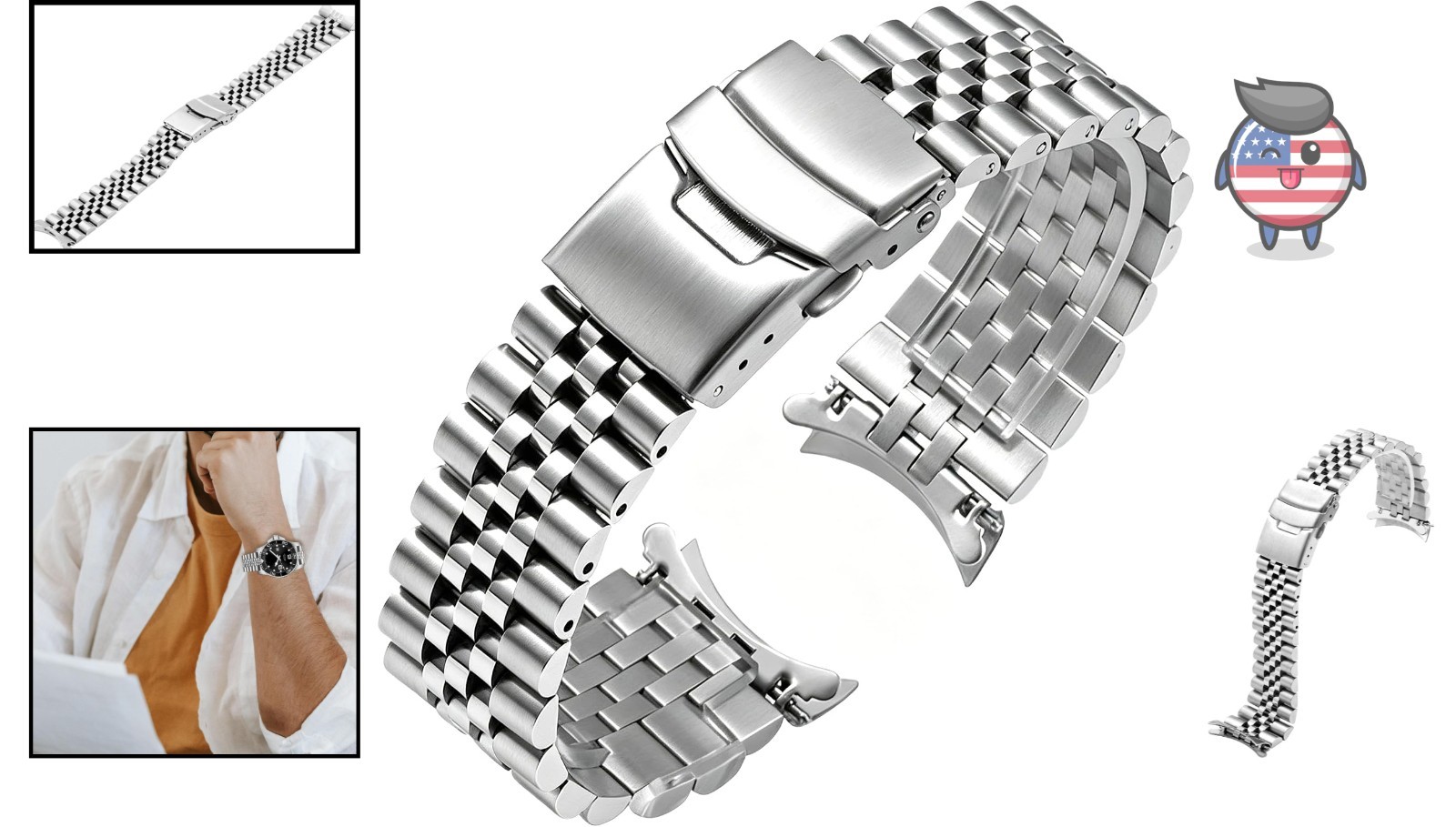 Elegant Stainless Steel Watch Band 22mm with Curved Ends & Double Lock Clasp