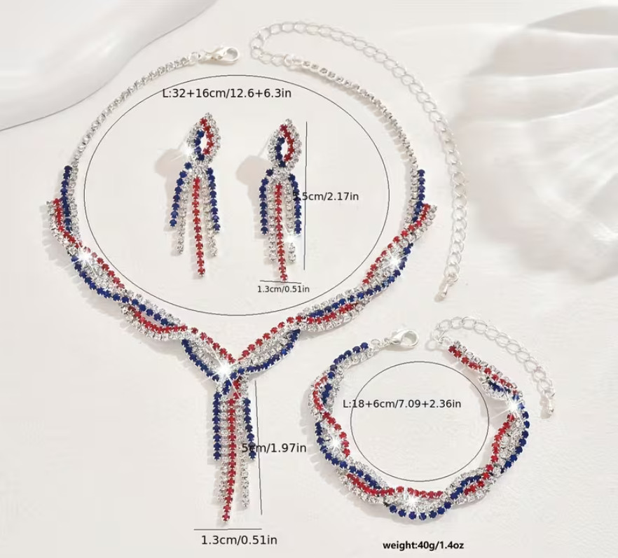 NEW RED WHITE BLUE RHINESTONE DROP EARRING NECKLACE BRACELET SET USA FLAG DESIGN