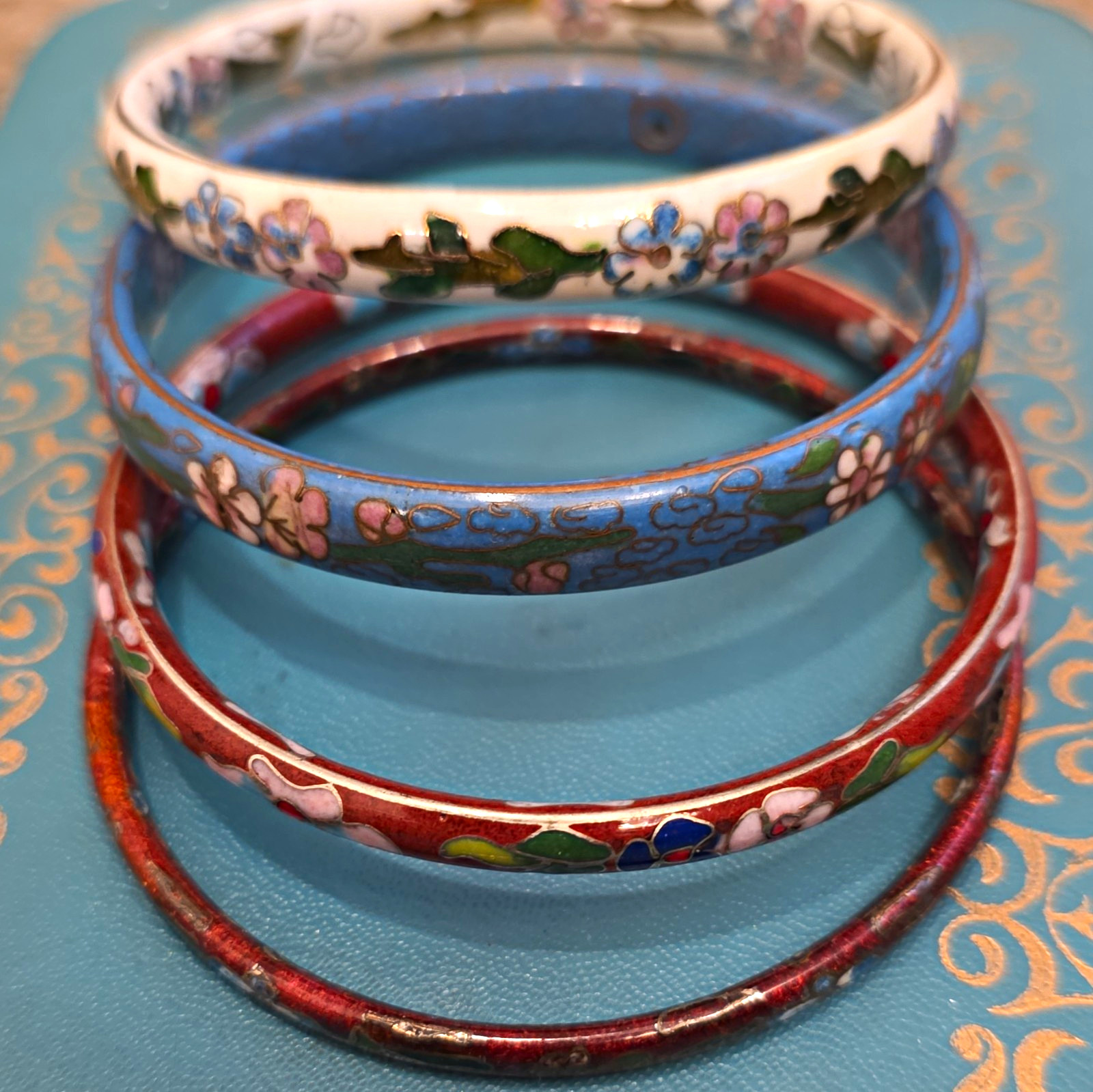 Cloisonne Enamel Floral Bangle Bracelets Lot of 4 Multicolor Stackable