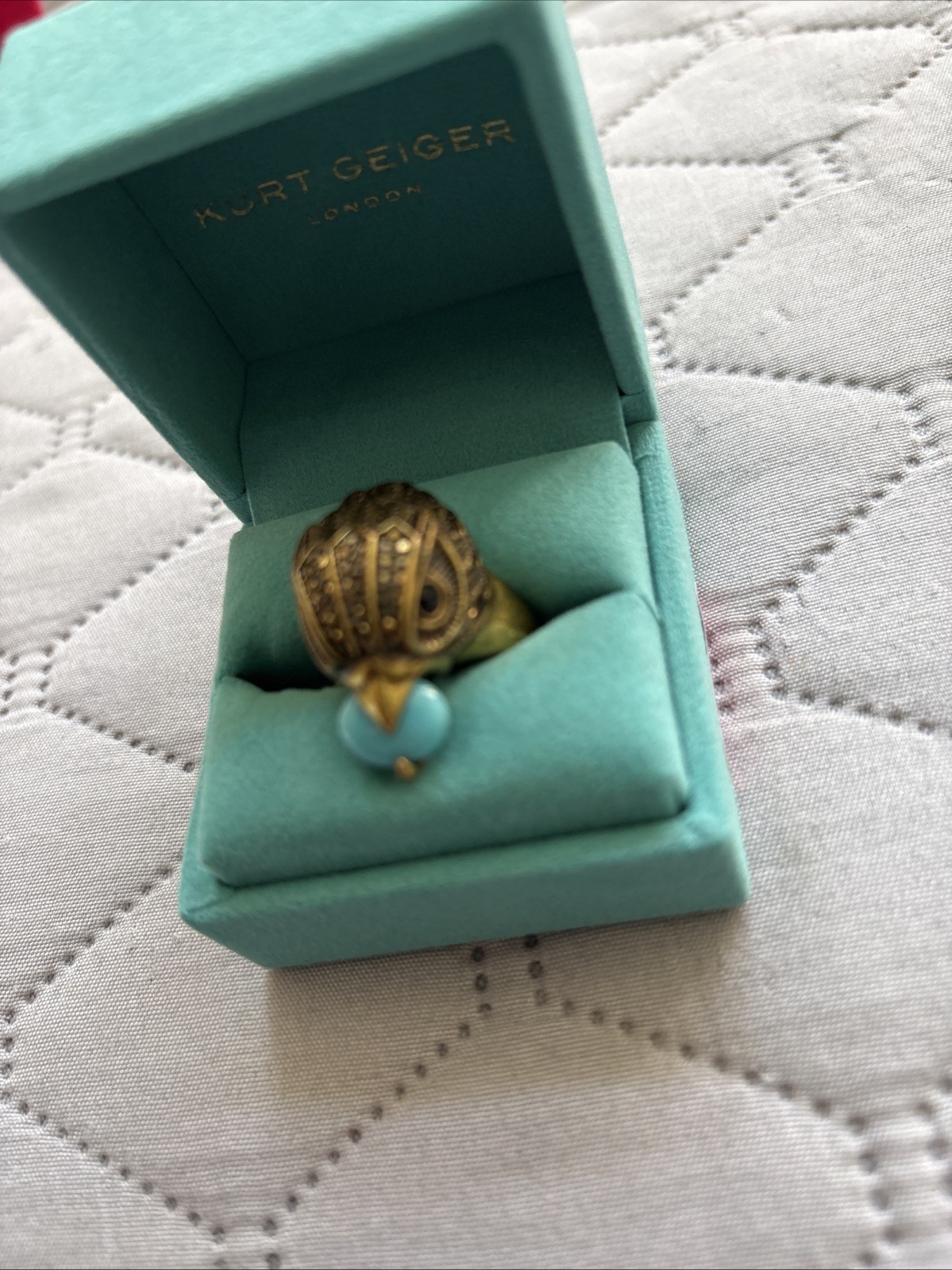 KURT GEIGER LONDON ANTIQUED GOLD TONE EAGLE HEAD RING TURQUOISE 9 New In Box