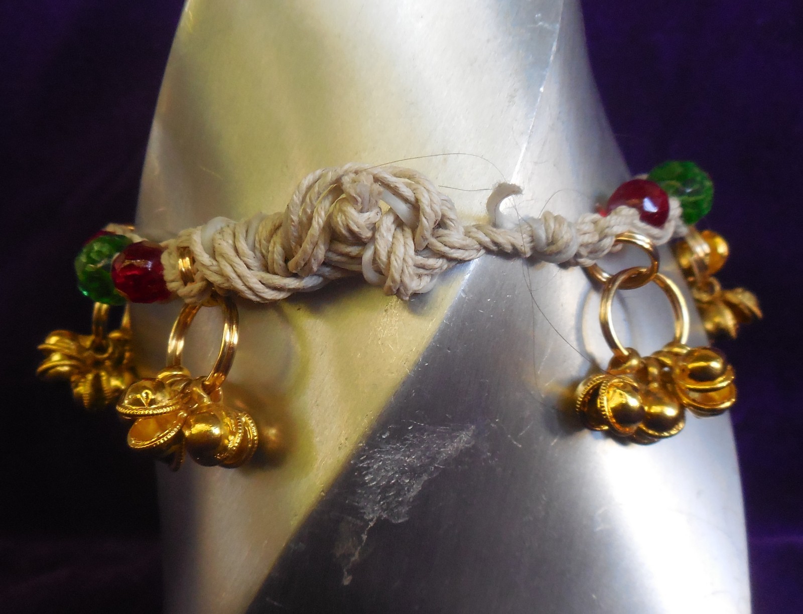 Rasta Hemp Anklet with Gold Bells, Czech Glass Beads Adjustable Macrame Jewelry