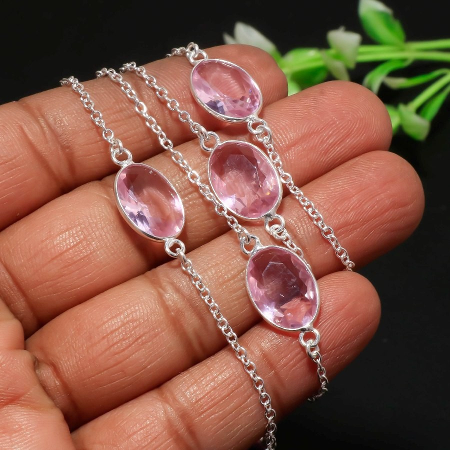 Pink Kunzite 925 Sterling Silver Oval Gemstone Gift Jewelry Necklace 36″ AAB 254