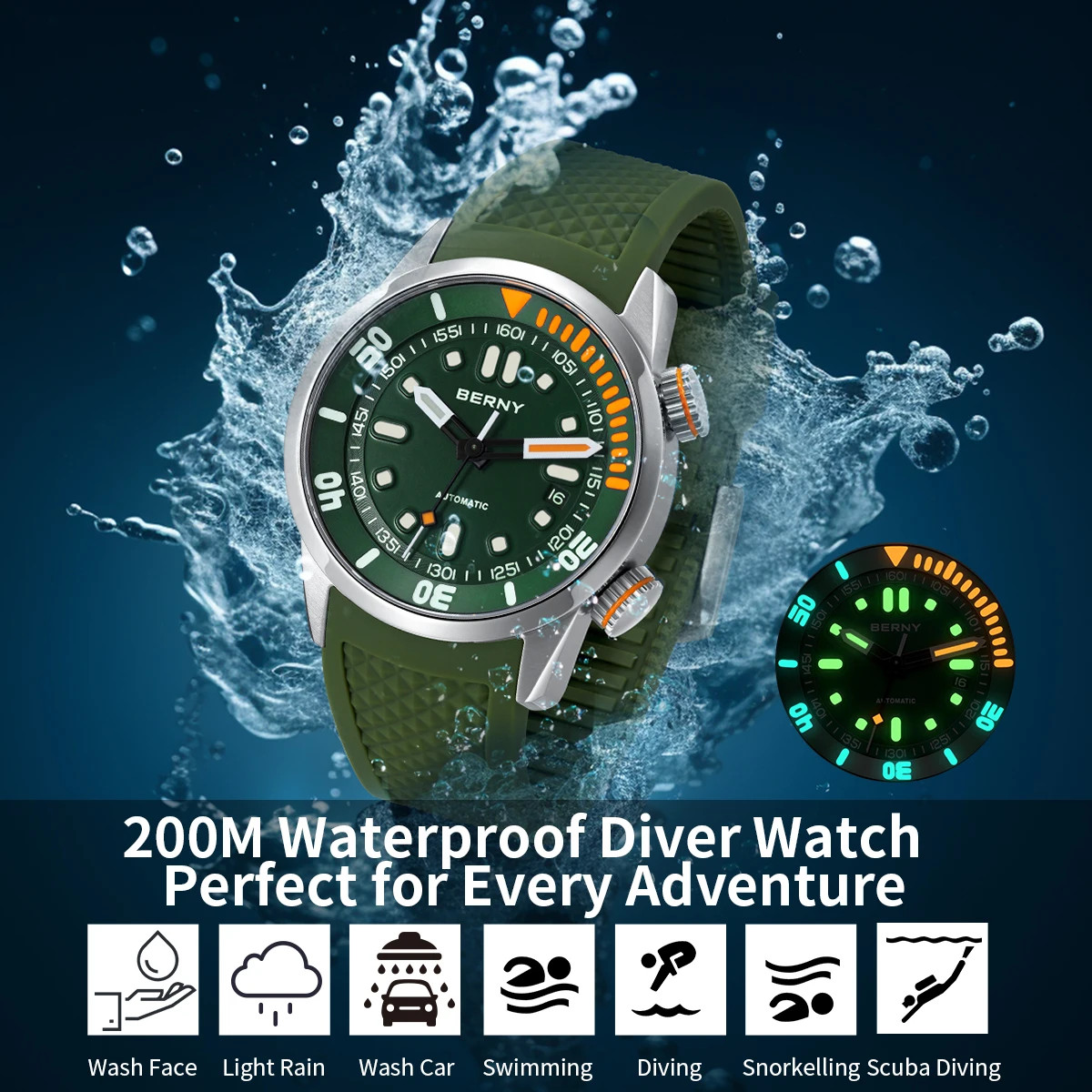 “Super Luminous 20Bar Diver Men’s Mechanical Watch: Sapphire Crystal, Automatic