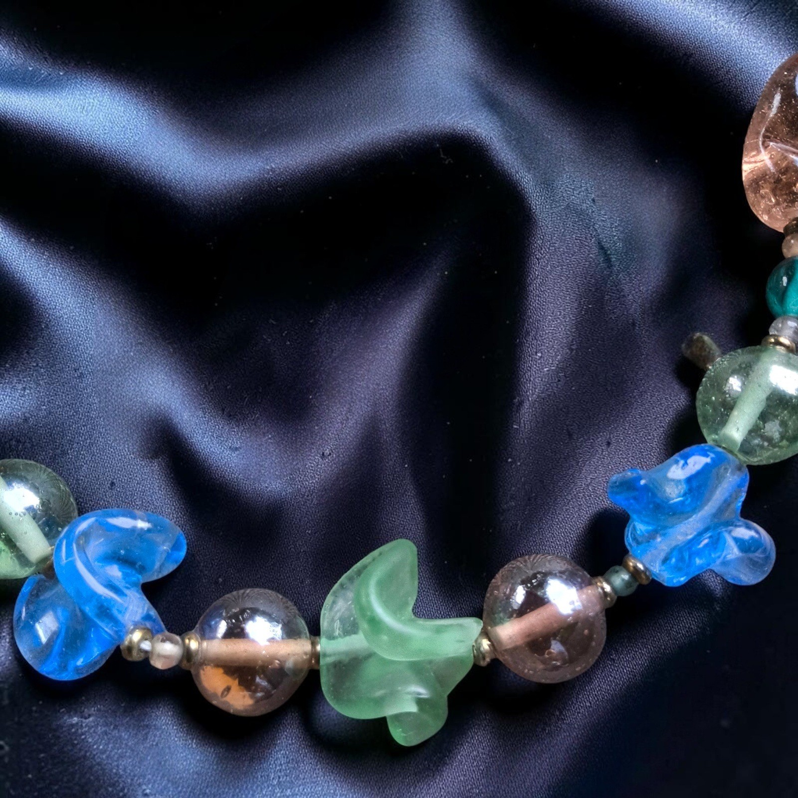 Vintage Artisan Glass Bead Necklace Sea Glass Bubble Glass Coastal Statement