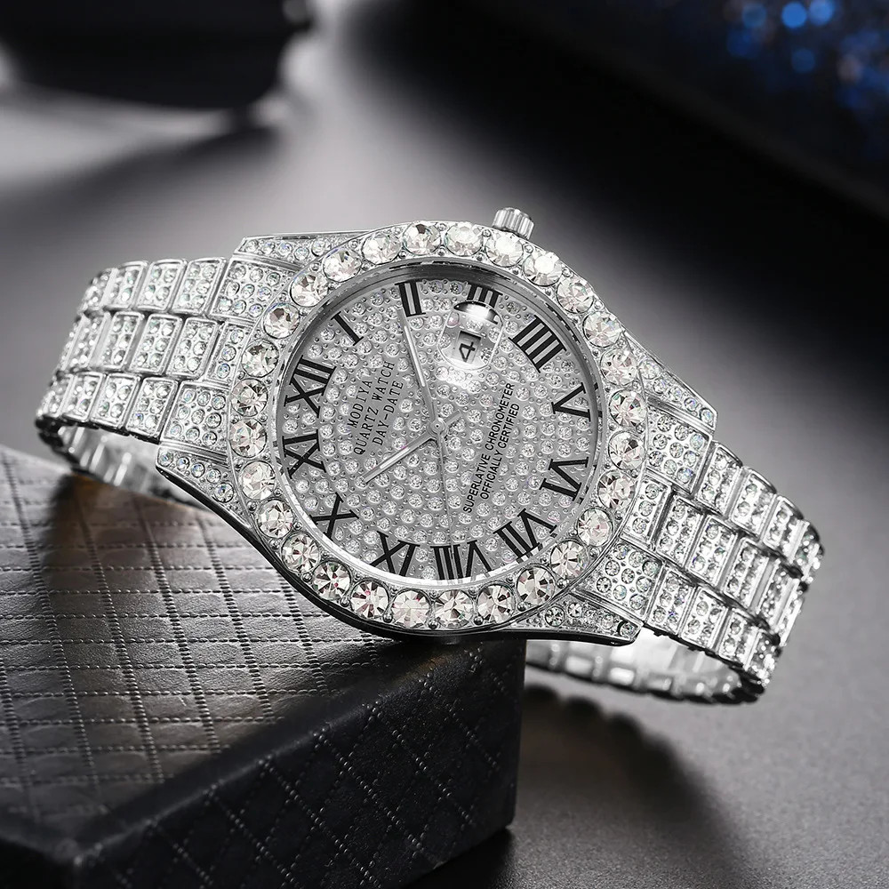 Classic Luxury Golden Men’S Steel Strap Roman Scale Rhinestone Calendar Quartz W