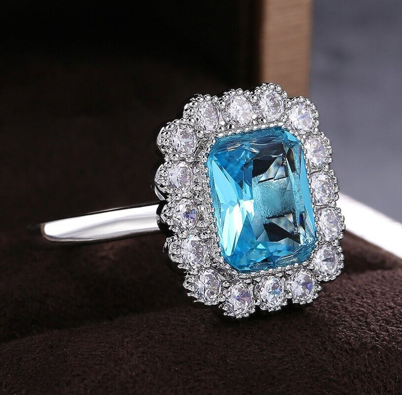 2.5 Ct Simulated Aquamarine Silver Plated Aesthetic Vintage Style Women Ring