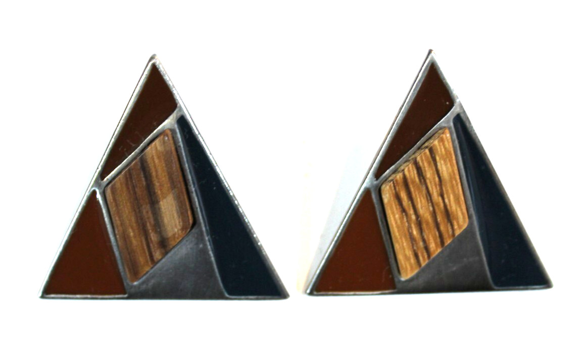 Large Vintage Esprit Couture Clip On Earrings Triangle 70’s 80’s Silver Enamel