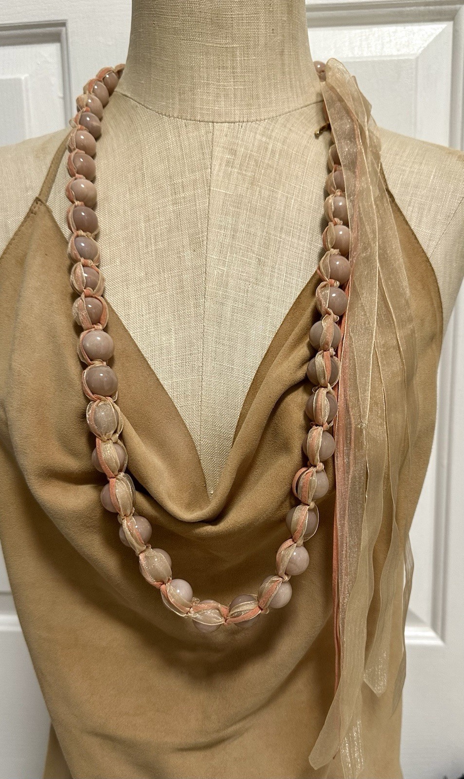 Simon Alcantara Wrapped Pink Quartz Bead Strand Statement Necklace Ribbon Suede