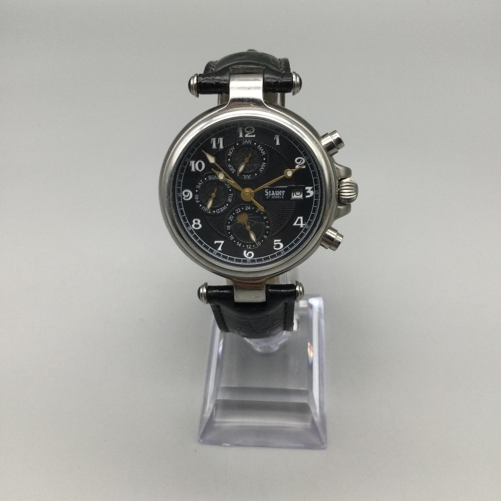 Stauer 27 Jewels Mens Watch 37mm Noire Moon Phase Day Date Month Automatic
