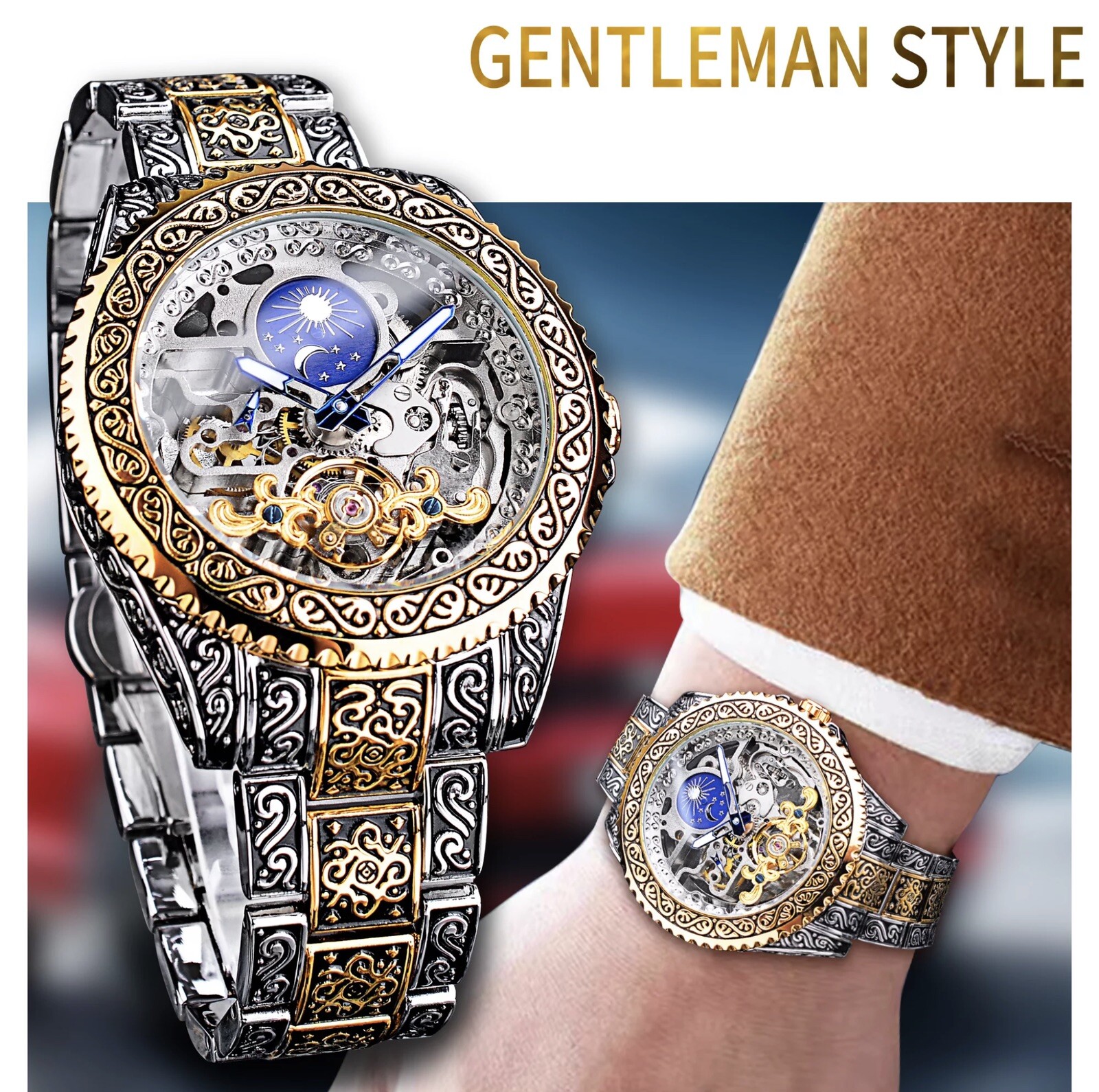 Forsining Skeleton Carved Tourbillon Mechanical Moon Dial Mens Watch waterproof